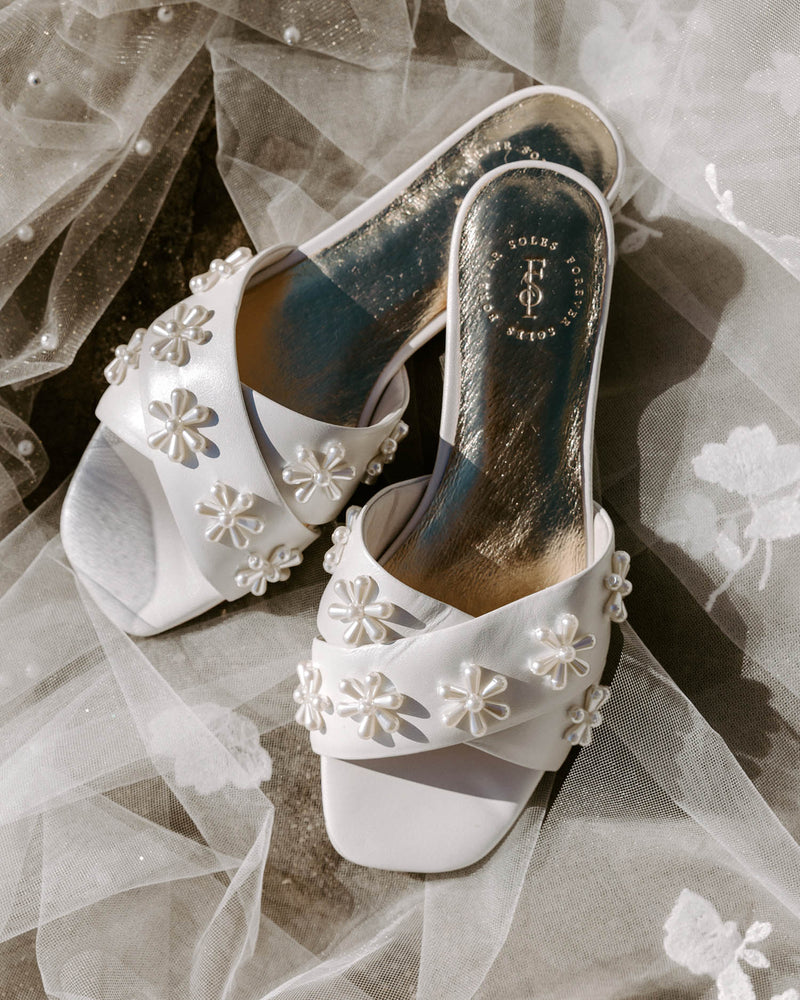 Ivory flat wedding shoes with pearl flowers