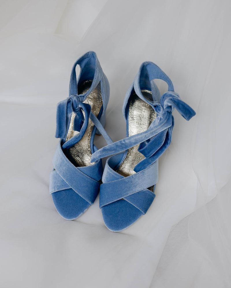 Blue velvet bridal shoes block heel