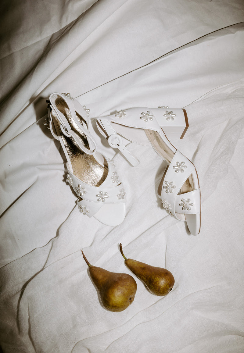 Ivory leather pearl flower bridal shoe with block heel