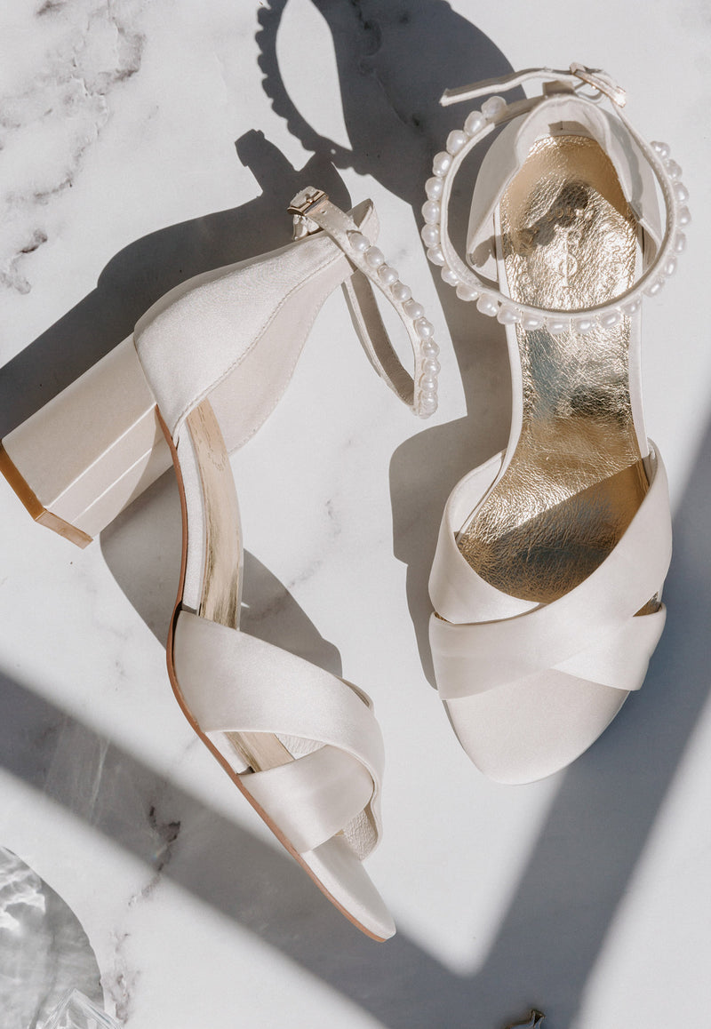 Ivory Satin wedding shoes with pearl ankle strap