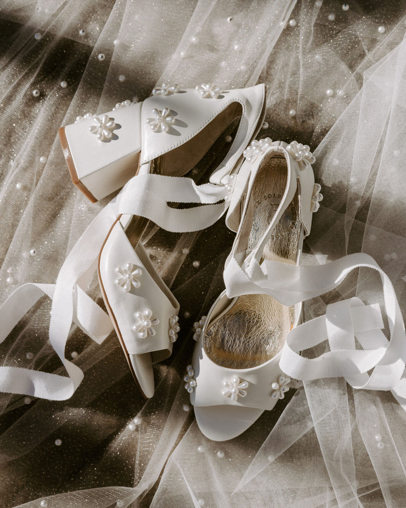 Ivory pearl flower bridal shoe with silk ties