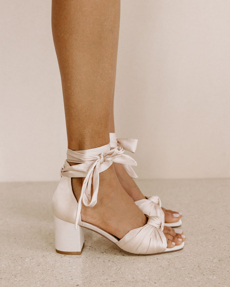 Nude satin bridal shoes with tie front