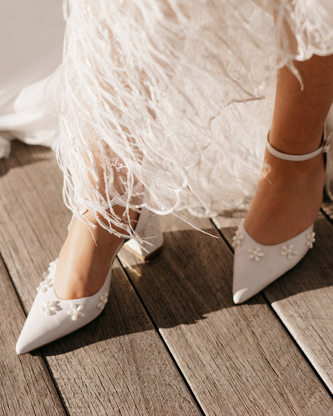 Classic Ivory Bridal Shoes with pearl flowers and block heel for bride