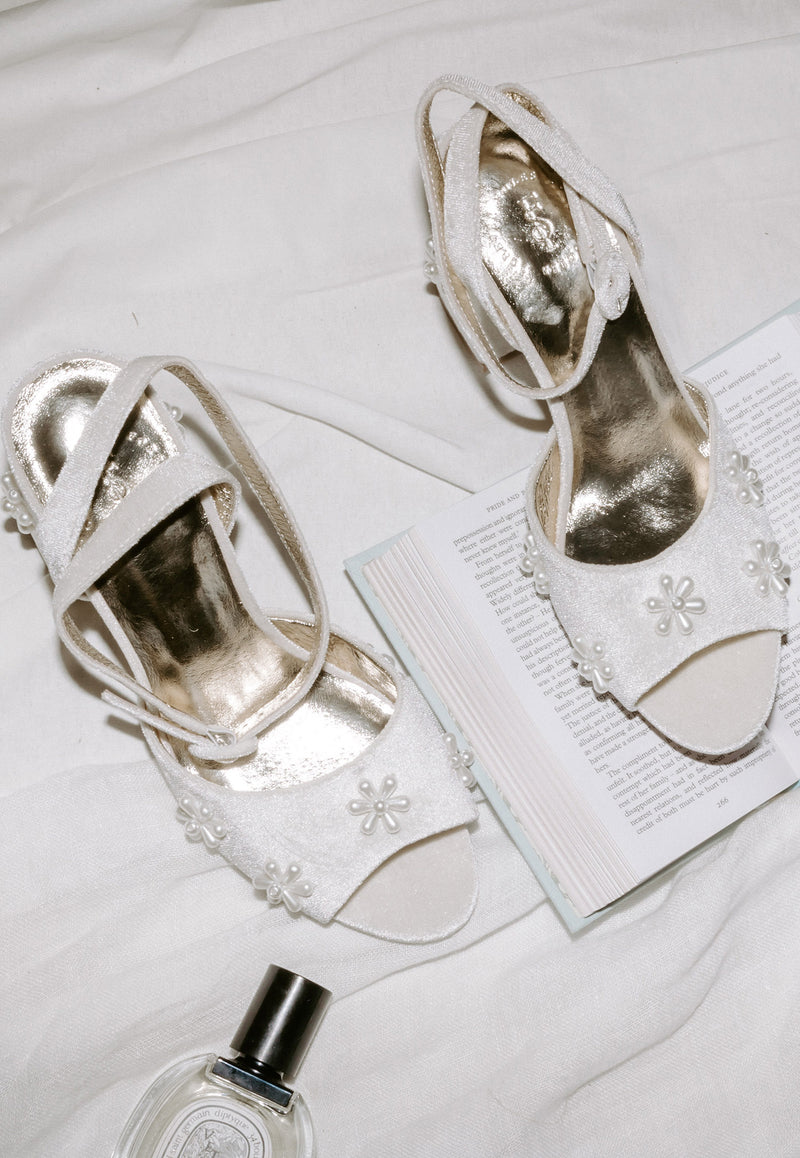 Ivory velvet wedding shoes with pearl daisies