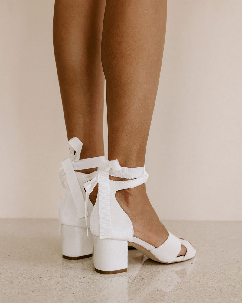 White velvet low heel bridal shoes