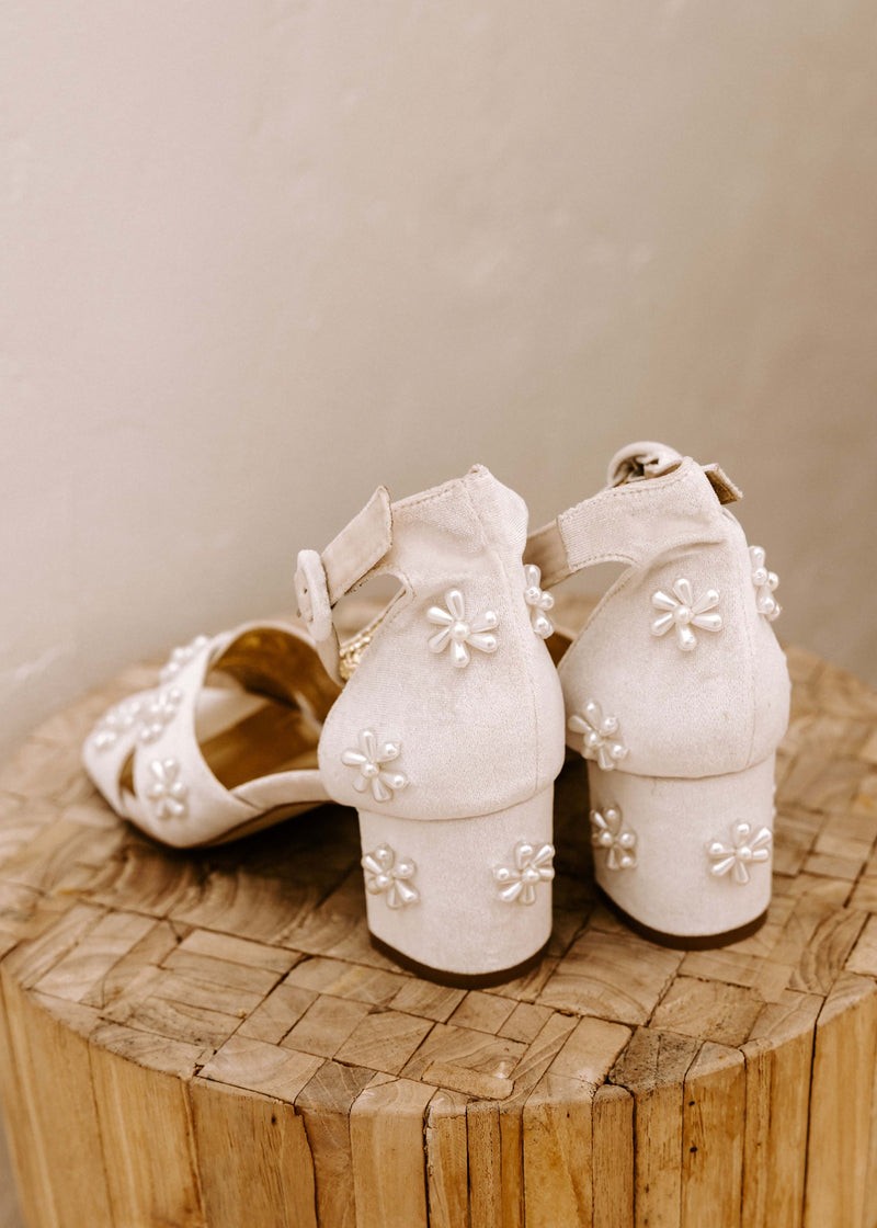 Pink Ivory Bridal Shoes with pearl flowers. Daisy
