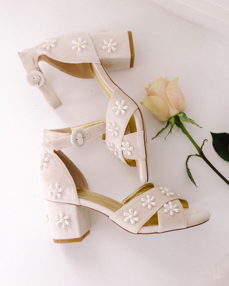 Pink Ivory Bridal Shoes with pearl flowers. Daisy