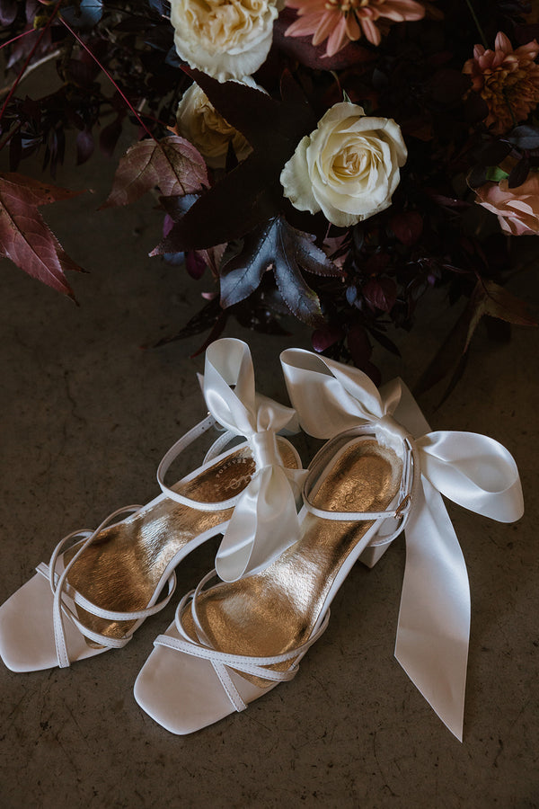 Strappy ivory bridal sandal with large box