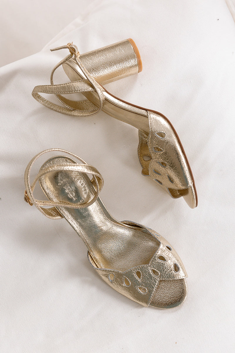 Gold metallic block heel bridal shoes