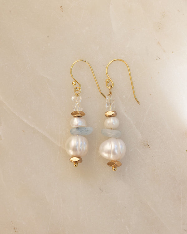Pearl, Crystal and Blue Stone Bridal Earrings. Arajilla
