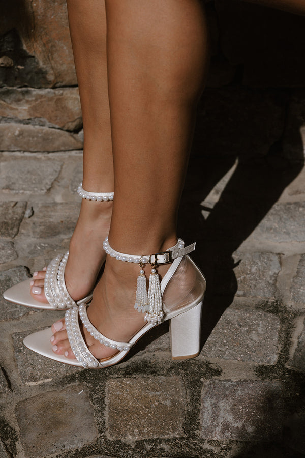 Modern wedding shoes with ivory mesh and bridal pearls