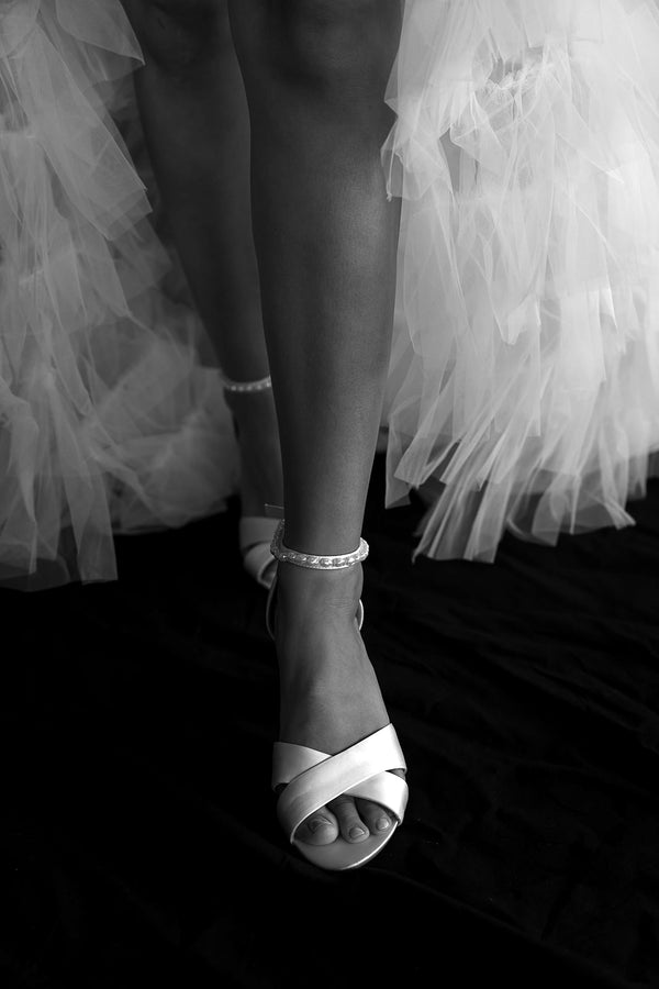 Ivory Satin wedding shoes with pearl ankle strap