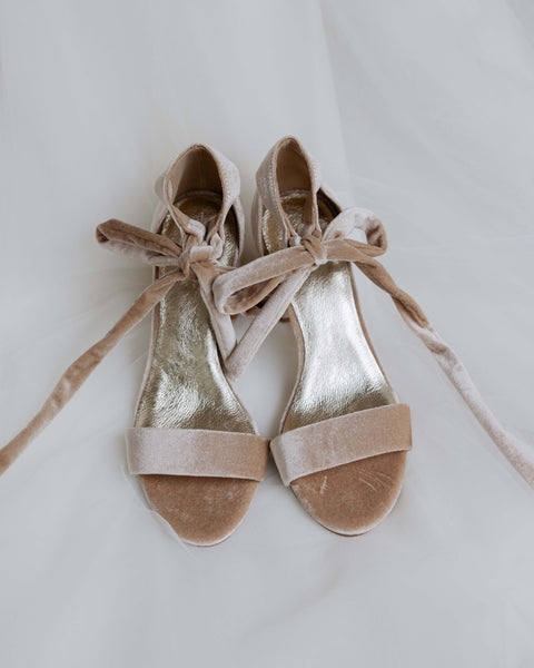 Champagne velvet bridal shoes for brides, bridesmaids and mothers