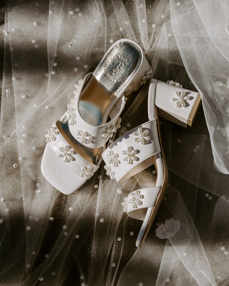 Pearl Flower Ivory Bridal Shoes with square toe shape