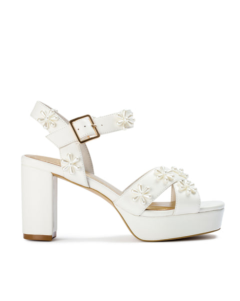 Ivory leather platform bridal shoes with pearl flowers