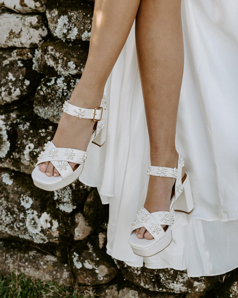 Platform wedding shoes with pearl flowers