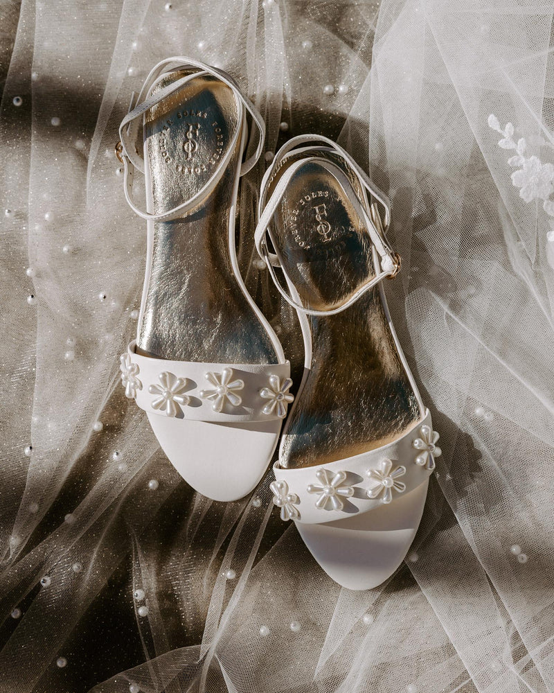 Ivory leather sandal bridal shoes with pearl flowers