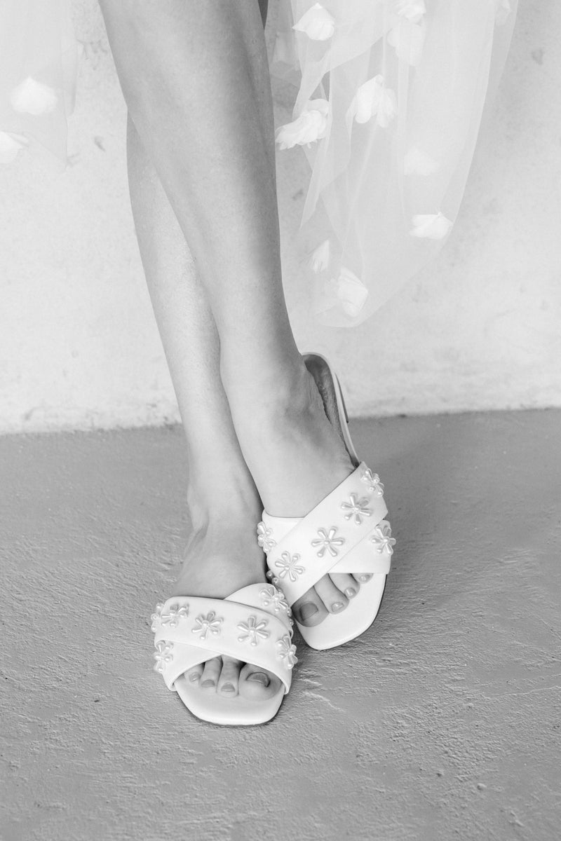 Ivory flat wedding shoes with pearl flowers