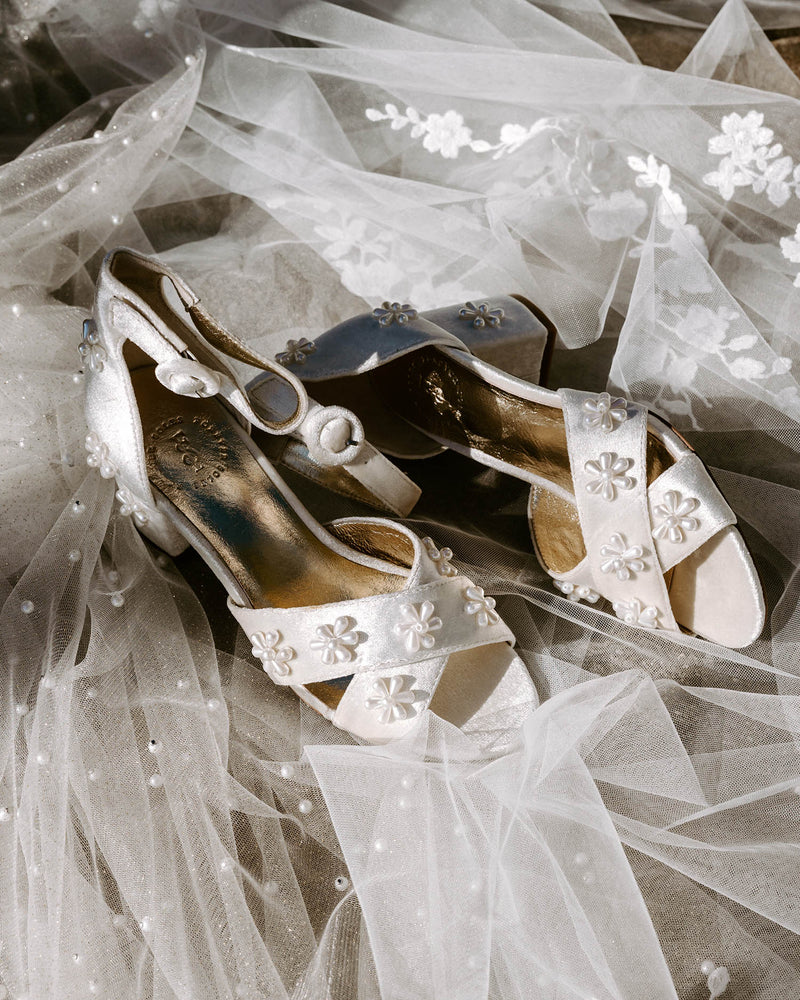 Ivory velvet bridal shoes with pearl flowers