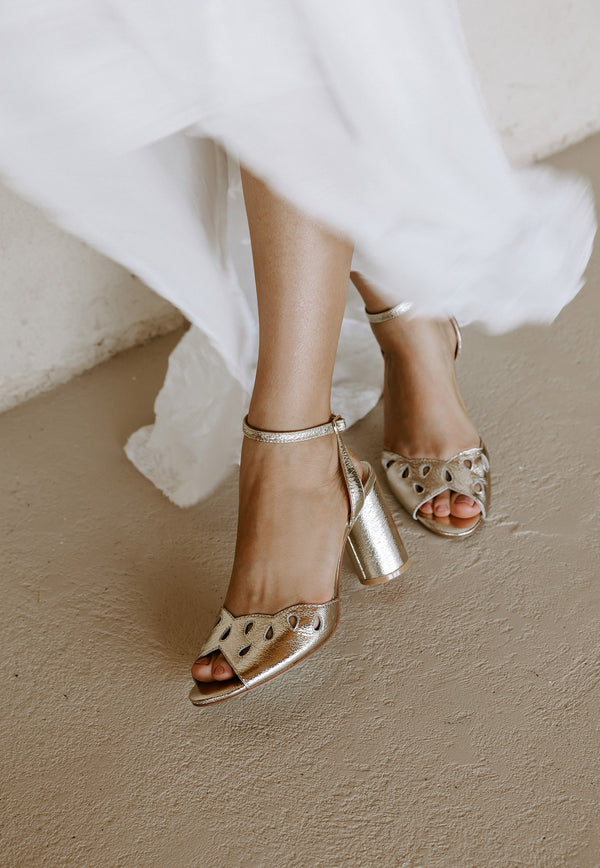 Gold metallic block heel bridal shoes