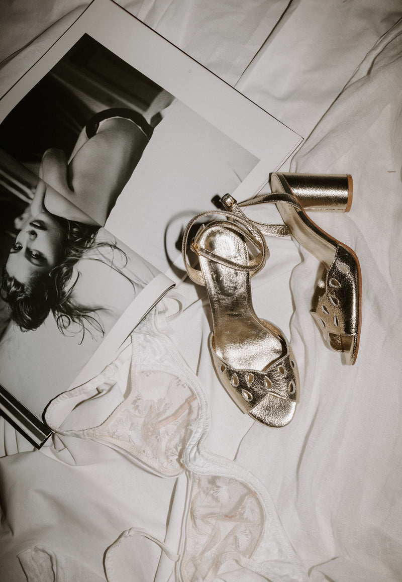 Gold metallic block heel bridal shoes