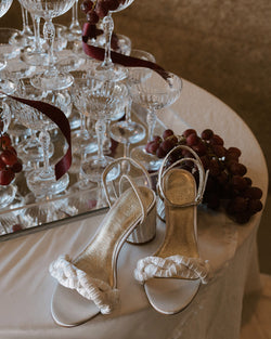 White low heel satin bridal shoes