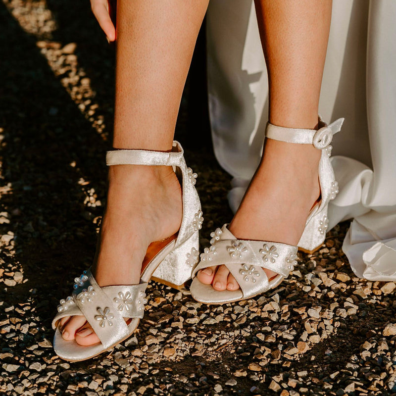 White velvet embellished bridal shoes with flowers