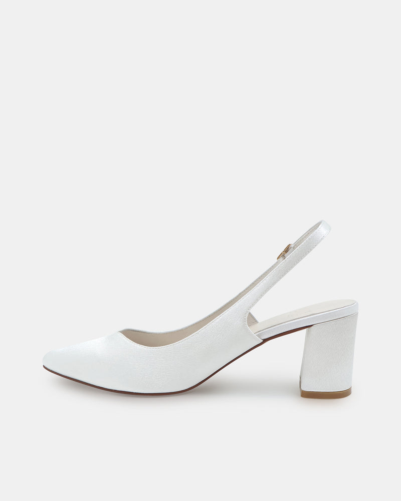 White high-heeled closed toe shoe on a white background