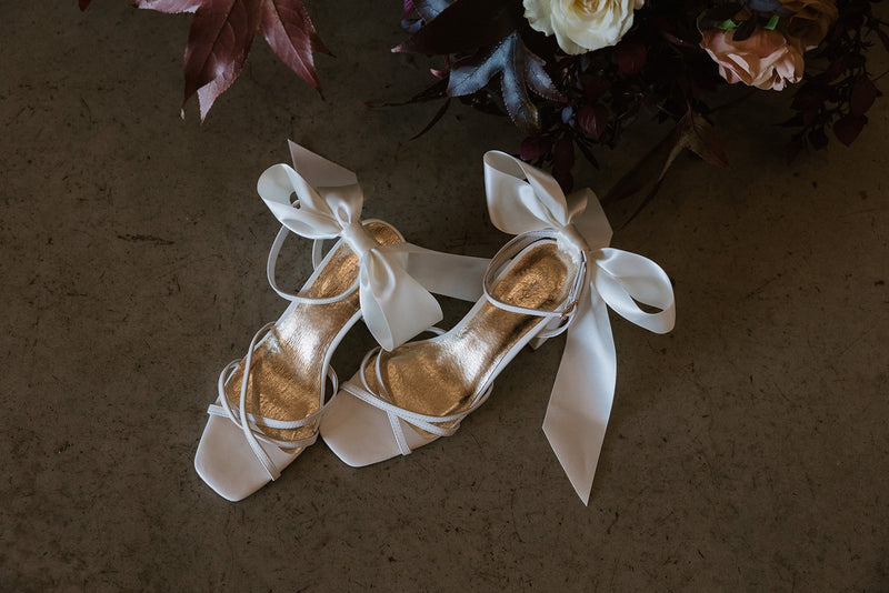 Strappy ivory bridal sandal with large box