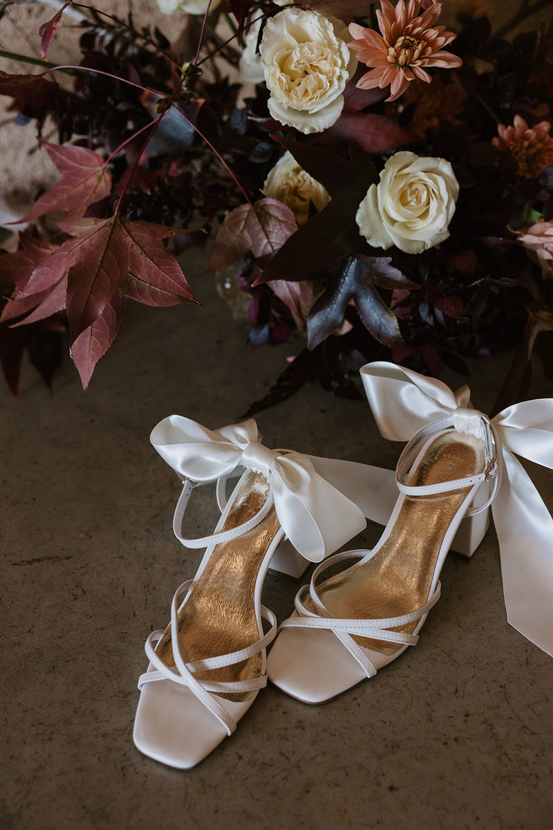 Strappy ivory bridal sandal with large box