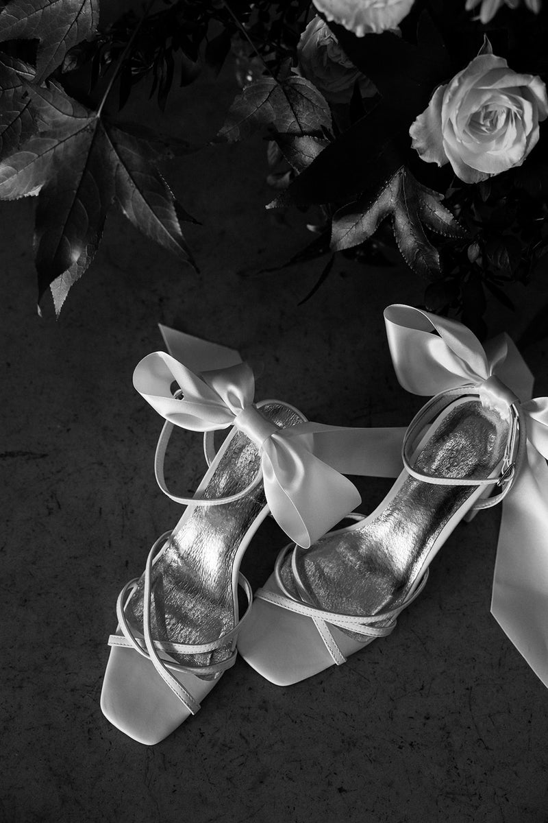 Strappy ivory bridal sandal with large box