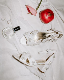 Ivory leather pearl flower bridal shoe with block heel