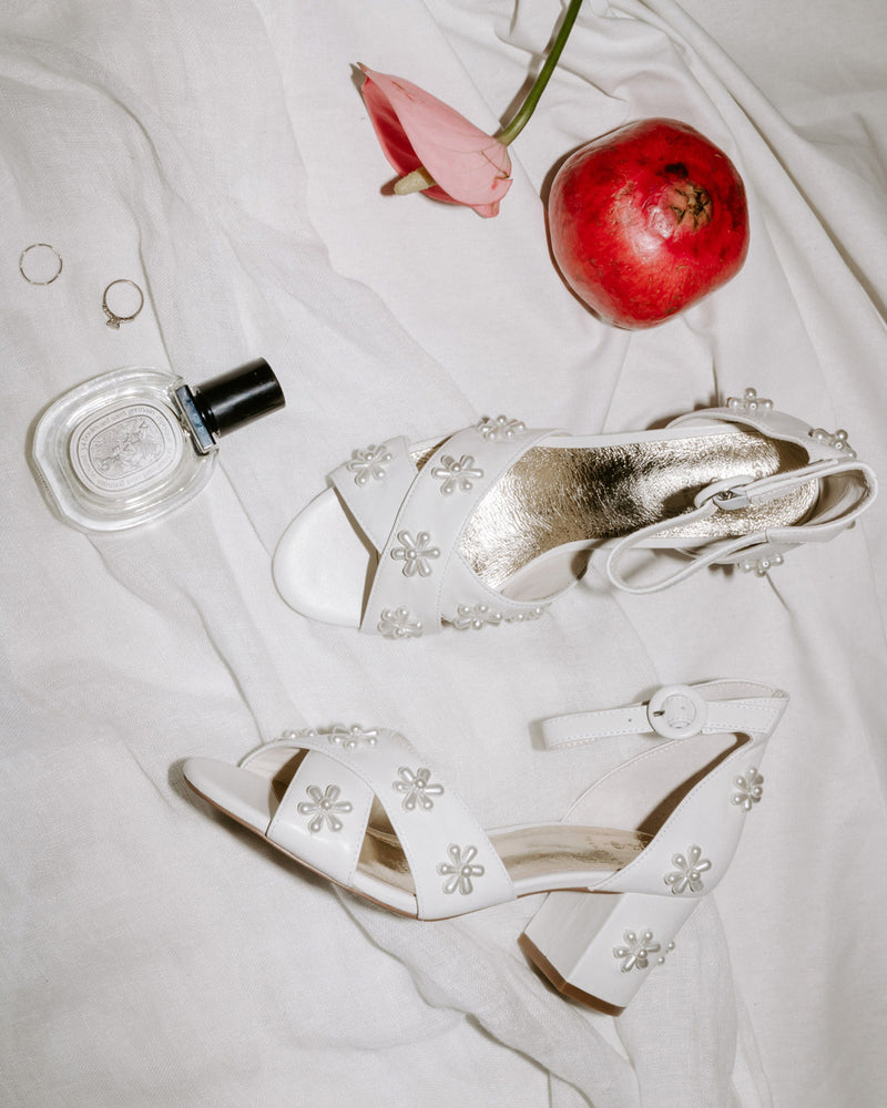 Ivory leather pearl flower bridal shoe with block heel