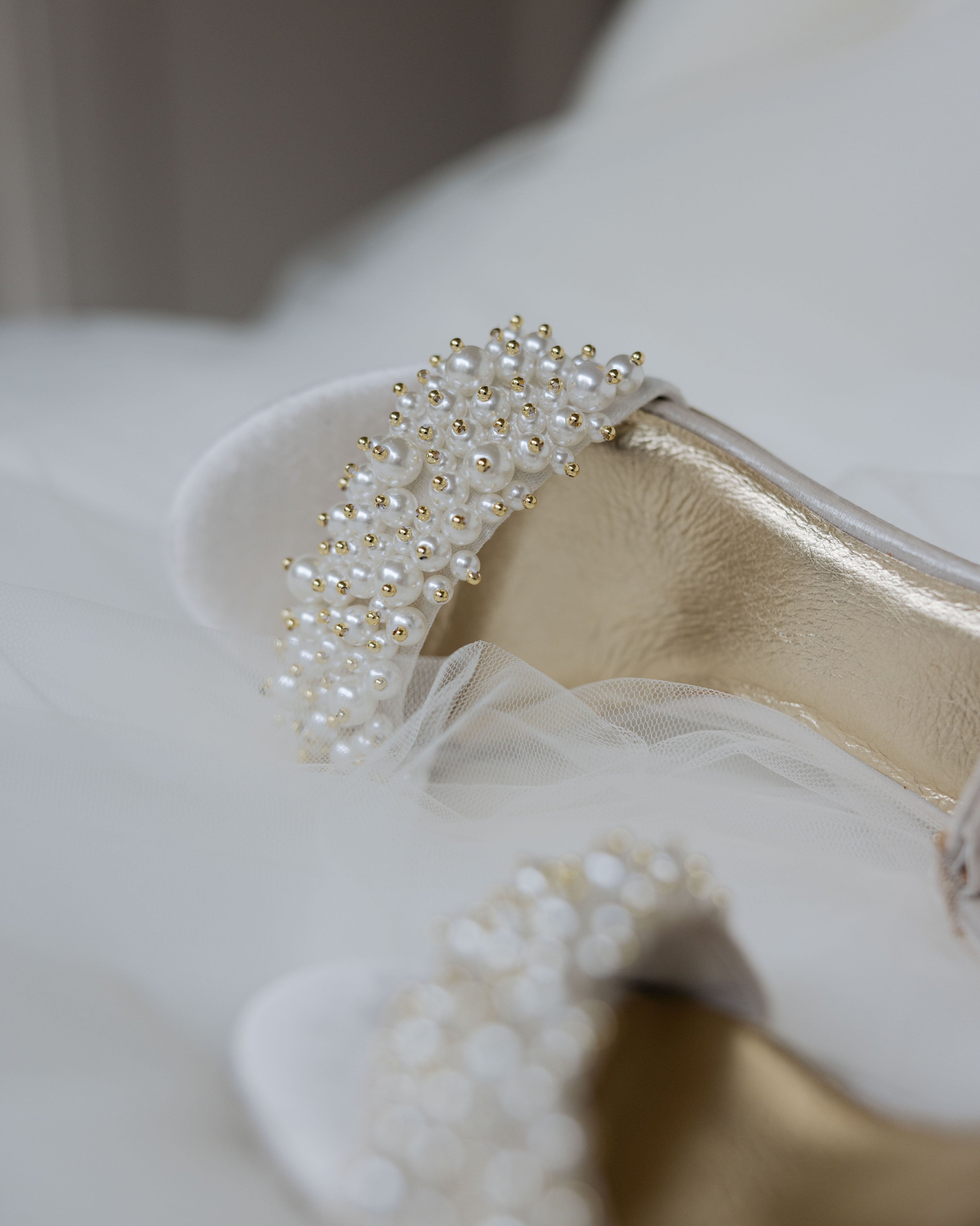 Velvet bridal shoes, hand beaded pearls perfect for your big day