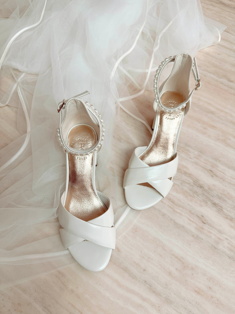 Ivory Satin Bridal Shoes with pearl ankle straps