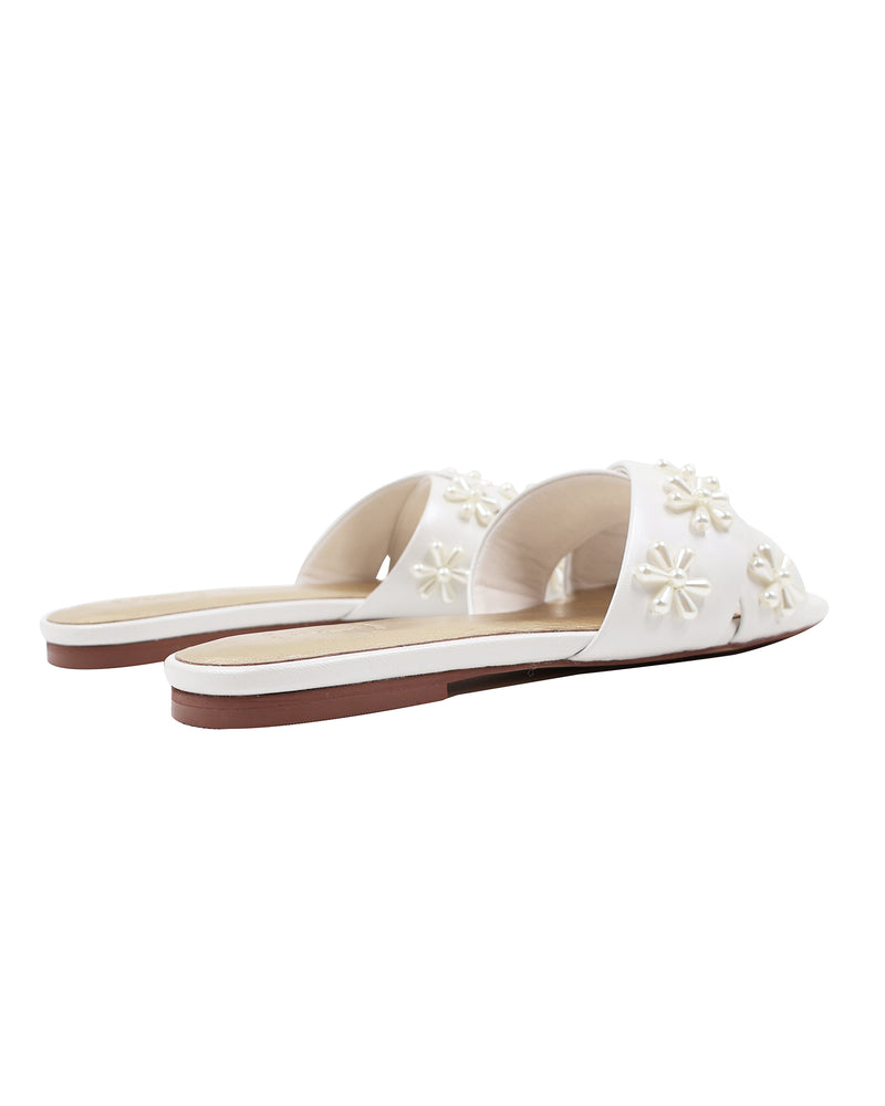 Ivory flat wedding shoes with pearl flowers