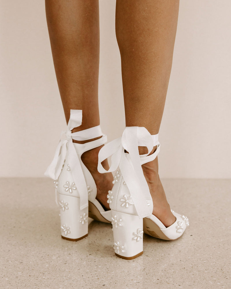 Pearl Ankle Strap Block Heel Wedding Shoes