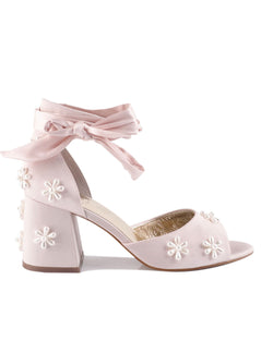 Pink satin bridal shoes with pearl daisy flowers