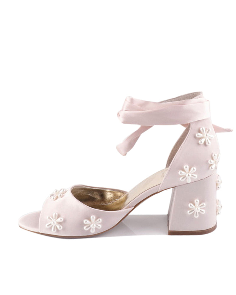 Pink satin bridal shoes with pearl daisy flowers