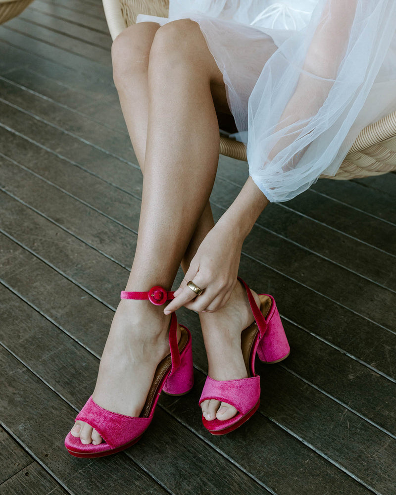 Hot pink velvet shoes, pink bridal shoes