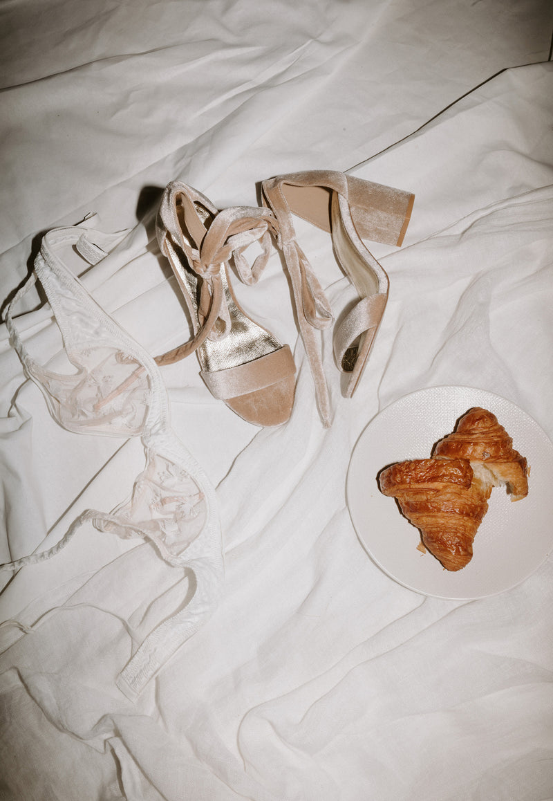 Nude velvet wedding heels
