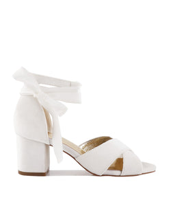 White velvet low heel bridal shoes