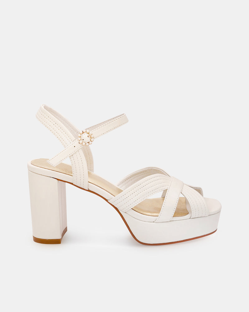 Ivory high-heeled Wedding platform sandal on a white background