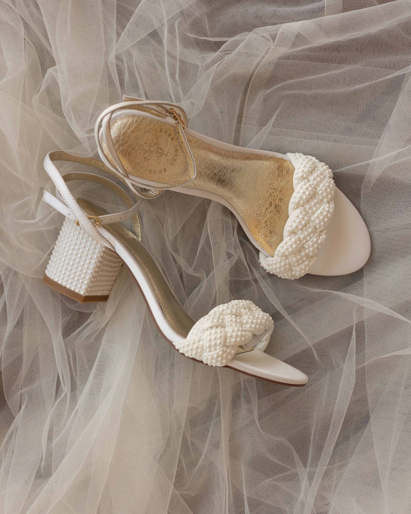 White pearl bridal shoes with plait front