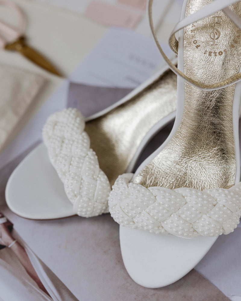 White pearl bridal shoes with plait front