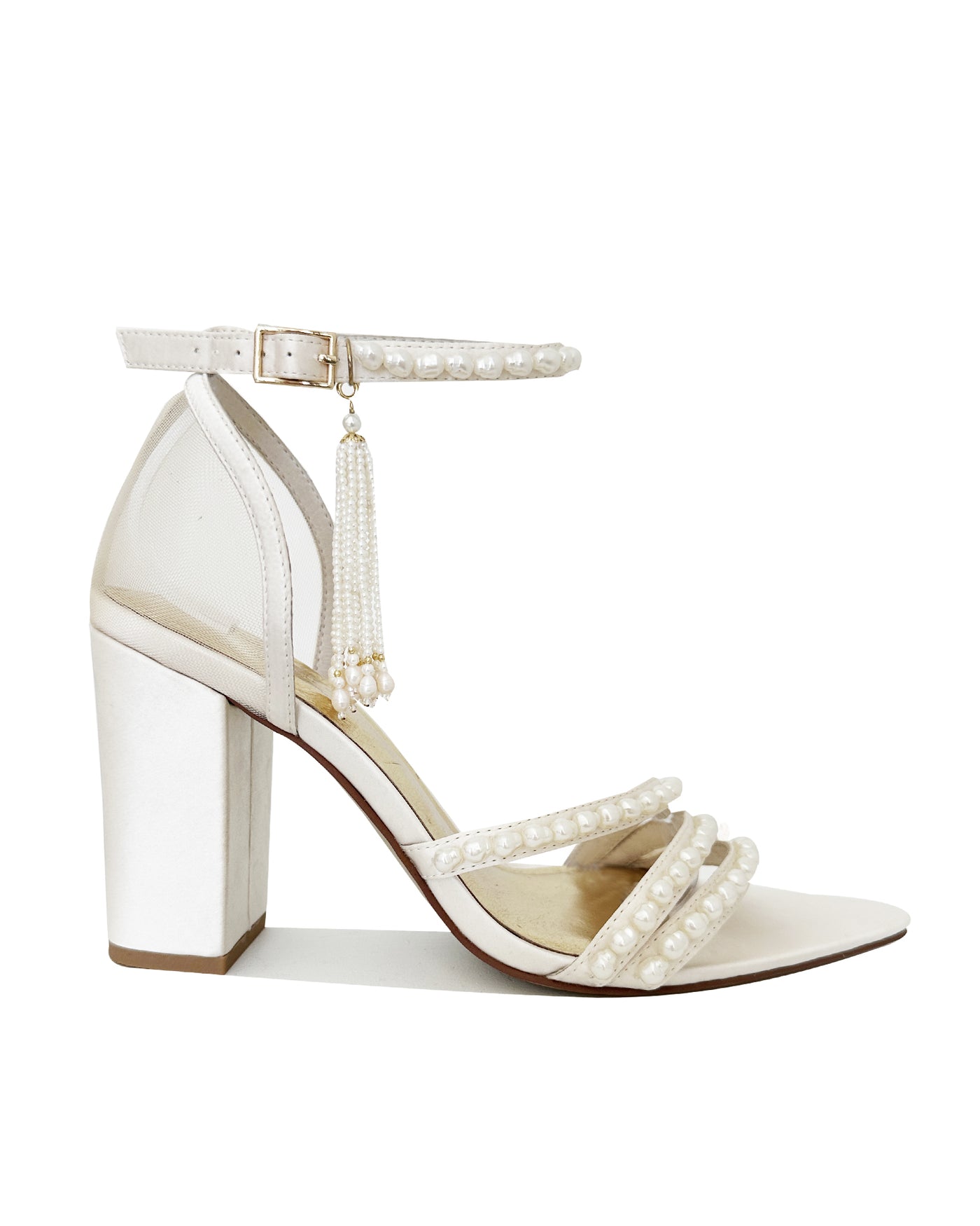 Ivory Strappy Pearl bridal sandals with soft satin and block heel