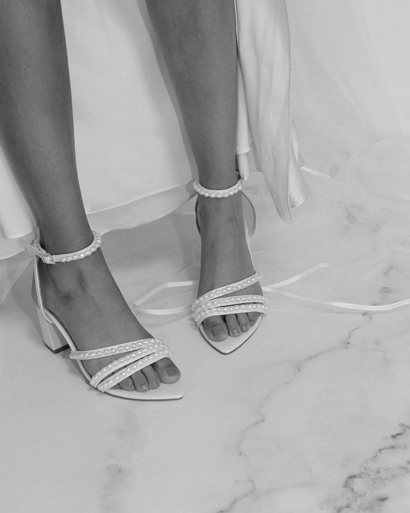Ivory sandal with block heel and ankle strap