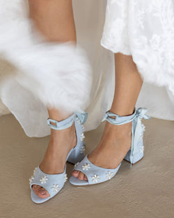 Blue flower low heel bridal shoes