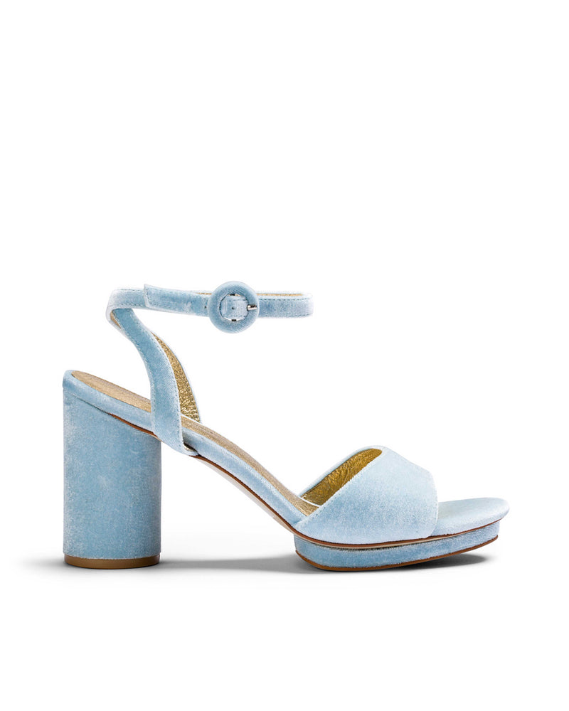 Blue velvet bridal shoes with platform and peep toe