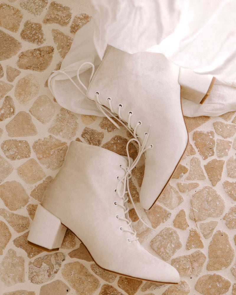Ivory velvet wedding booties. Vow Boots.
